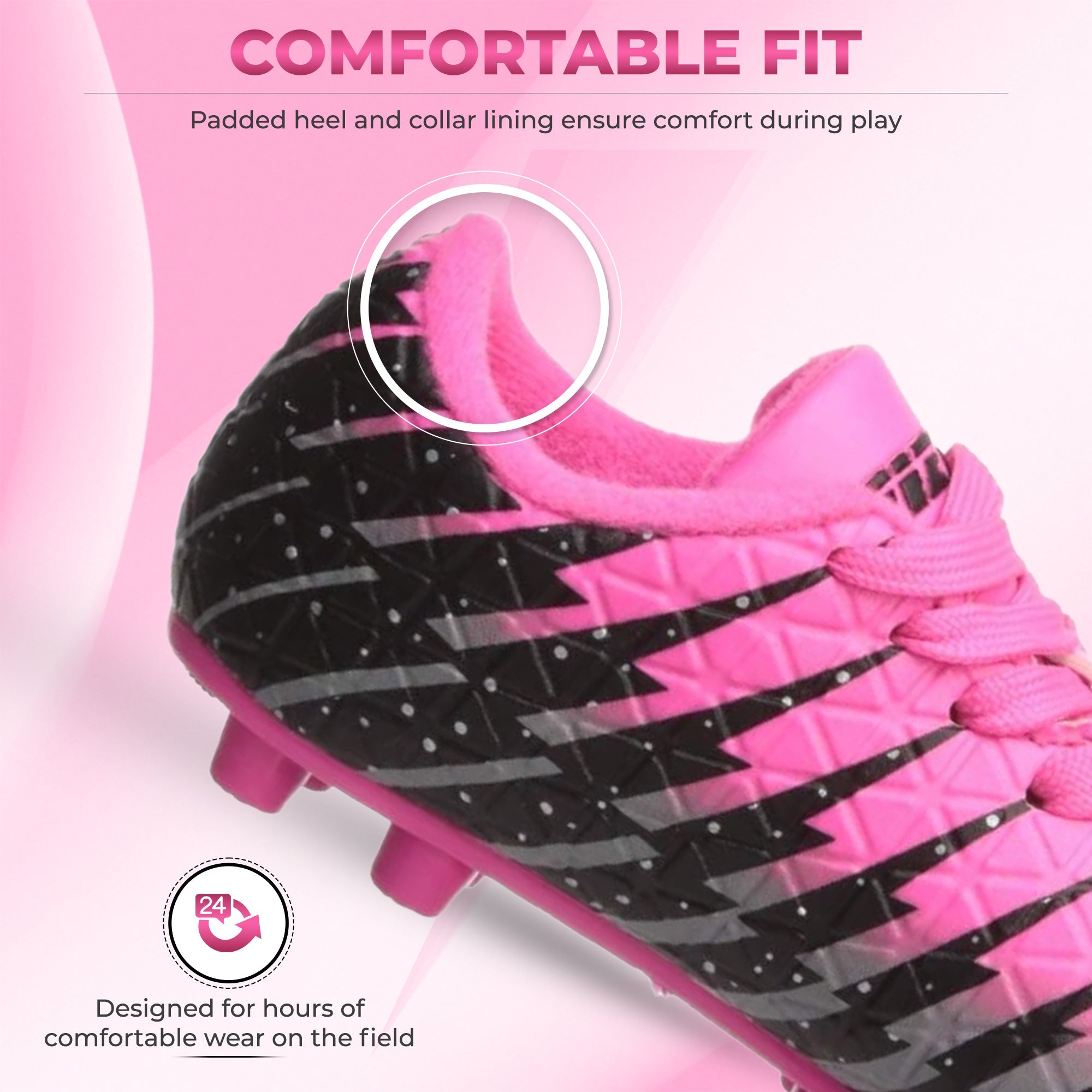 Bolt Kids Firm Ground Soccer Cleats – Pink/Black/Silver
