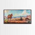 Cowboy Resting with Horse in Desert Landscape, Classic Western Art, Framed Canvas Print, Rustic Wall Decor, Living Room Decoration