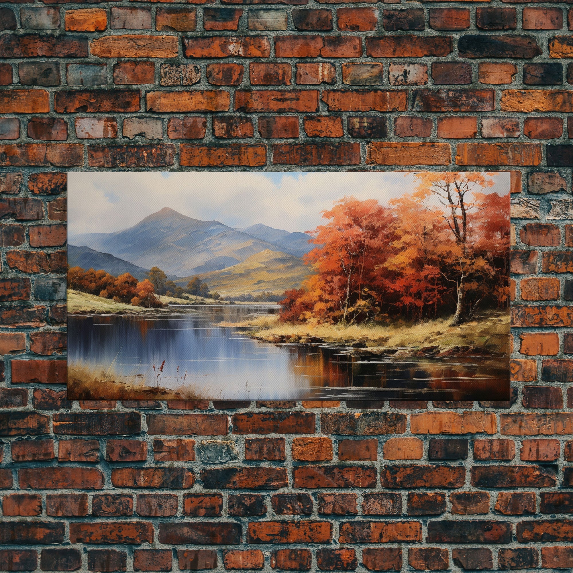 Autumn By The Lake, Framed Canvas Print, Original Landscape Painting, Fall Decor, Boho Minimalist Farmhouse Decor, Rustic Art