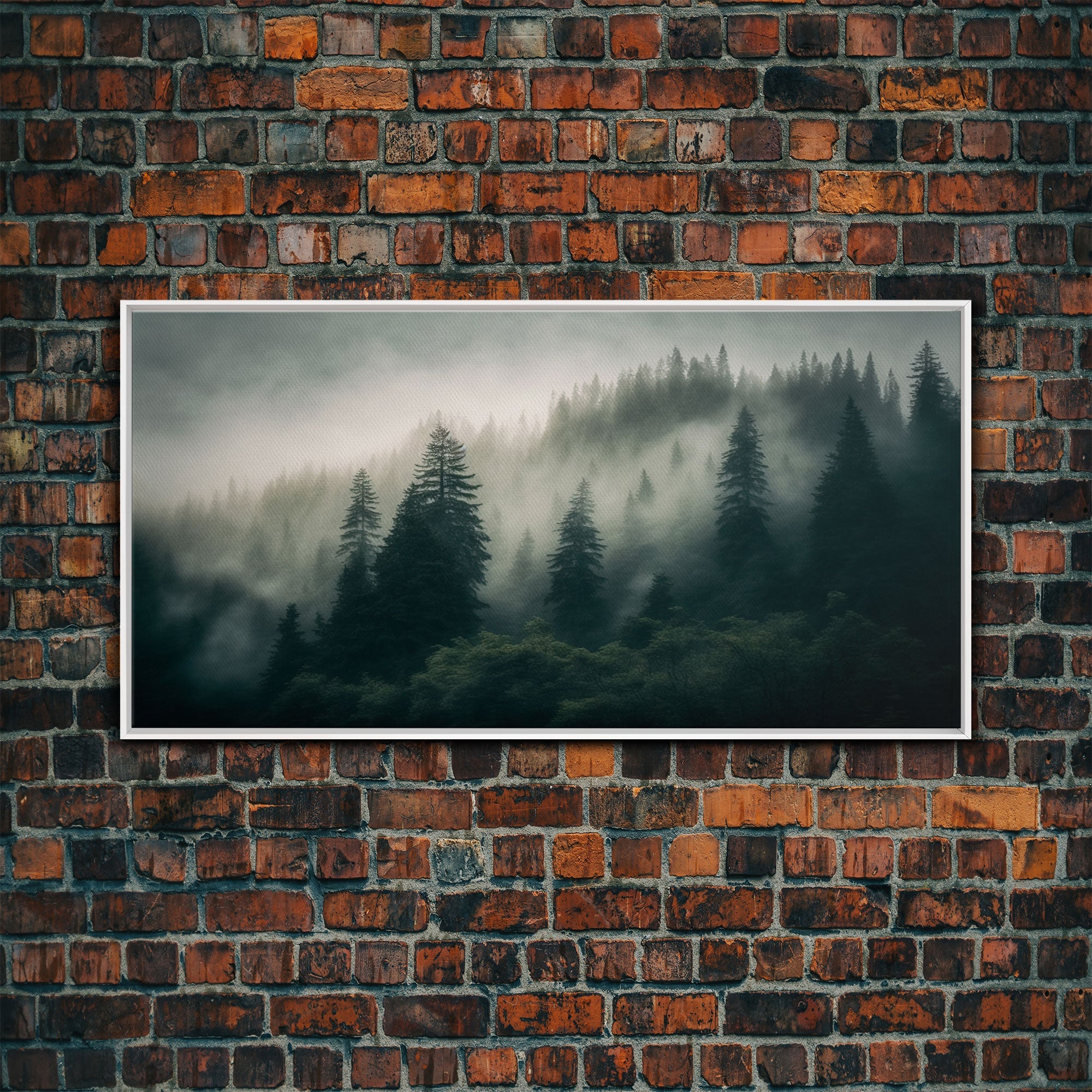 Morning fog over a mountain forest, framed canvas print, foggy pine tree landscape, framed wall art, misty mountain landscape art