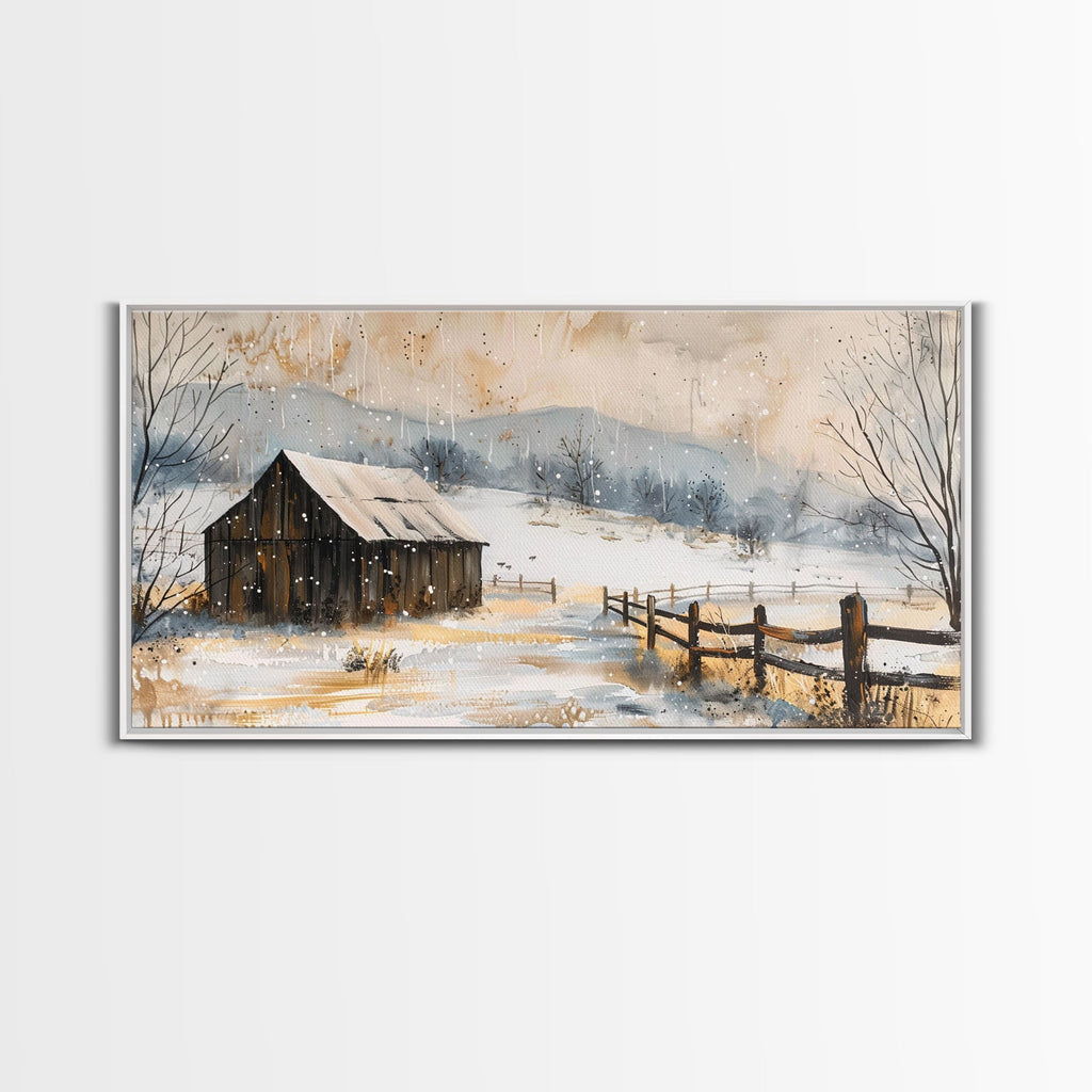 Snowy Barn in Winter Field, Framed Canvas Print, Rustic Wall Art, Living Room Decor, Farmhouse Style, Winter Landscape