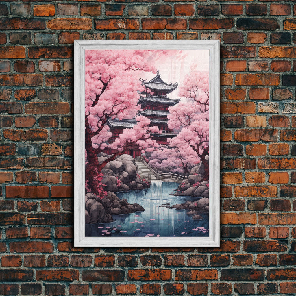 Pagoda Wall Art, Japanese Wall Art, Asian Art, Cherry Blossom Tree, Canvas Print, Wall Art, Vertical Art, Engagement Gift, Prints Wall Art