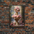 Fountain Wall Print, Pink Roses Wall Art, Flower Art Print, Canvas Print, Wall Art, Vertical Print, Botanical Art, Country Home Decor