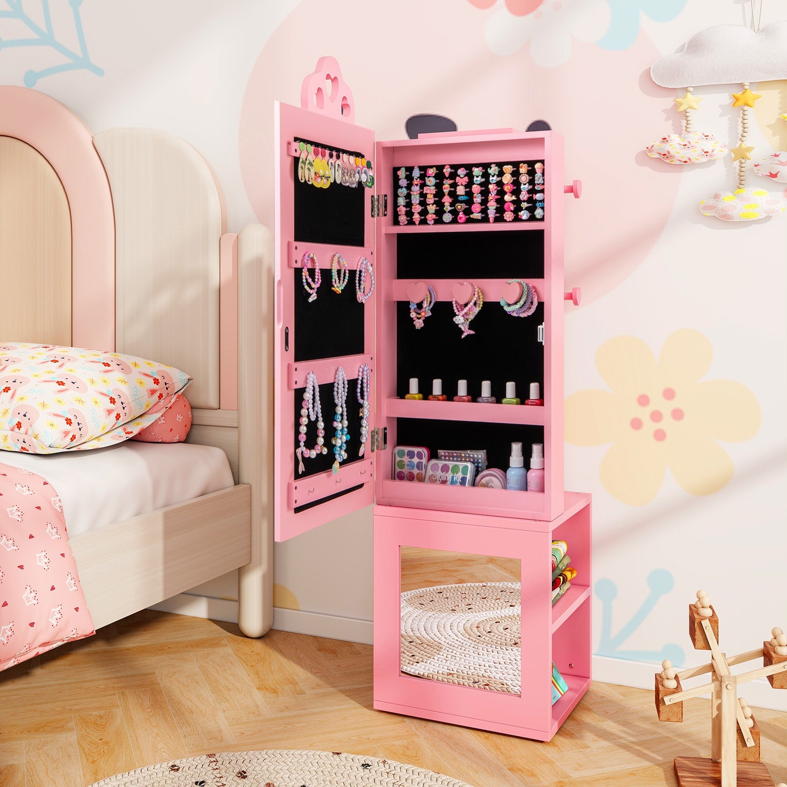 3-in-1 Freestanding Kids Jewelry Cabinet Armoire with Full Length Mirror