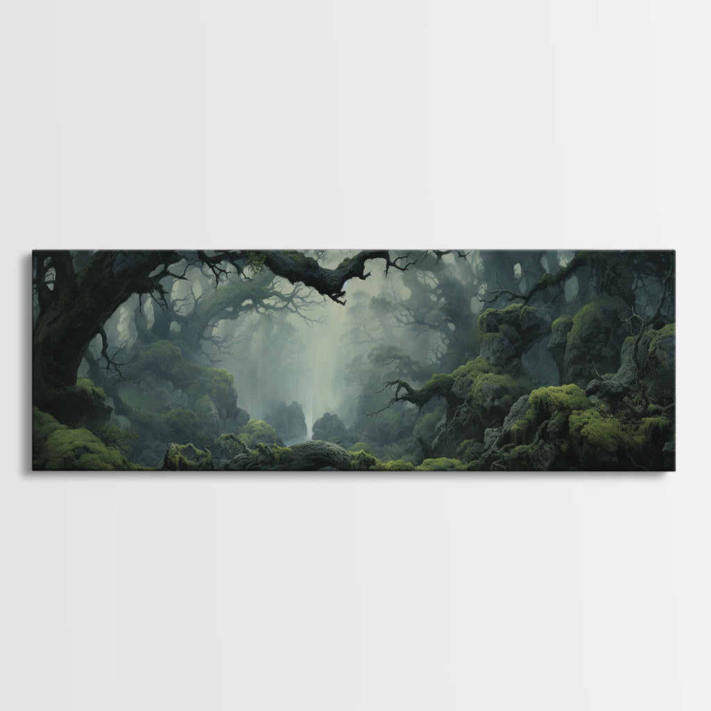 In The Forest - Ready To Hang Panoramic Foggy Pine Forest Canvas Wall Art, Nature Wall Art, Misty Green Forest Print, Modern Home Decor