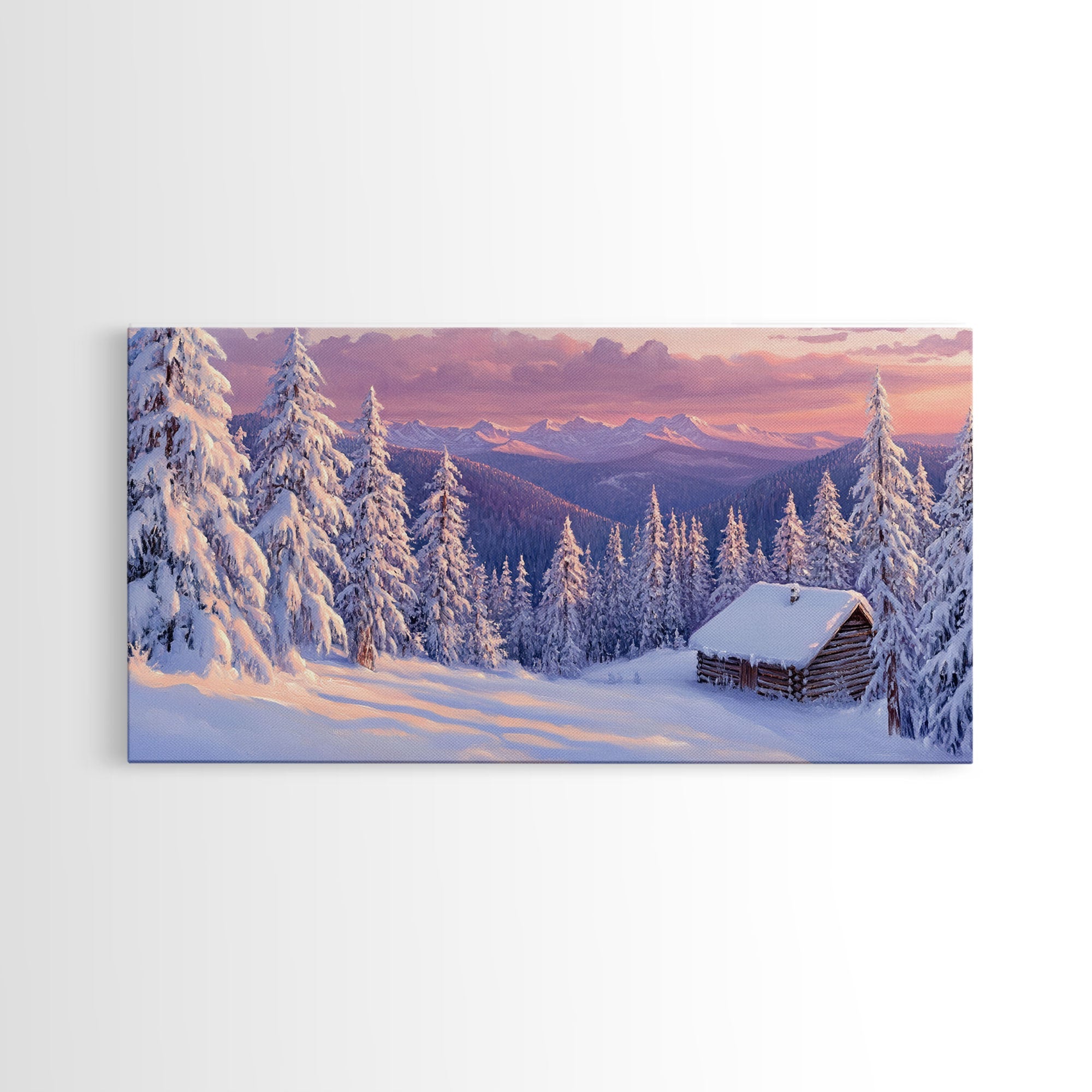 Mountain Cabin At Sunrise Tall Art Framed Canvas Print Winter Snow Covered Trees And Cabin In Mountains With Pastel Sky