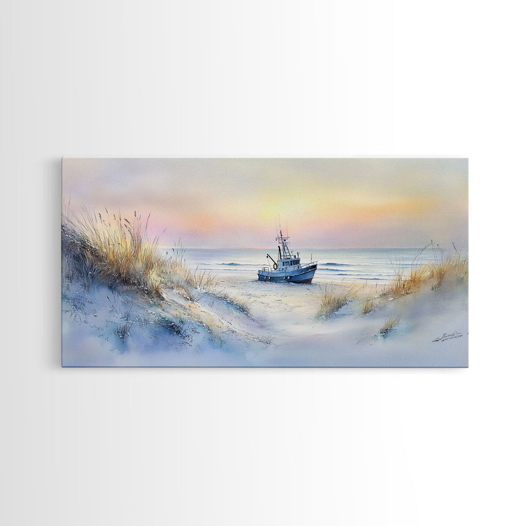 Seaside winter ship art, beach winter landscape, coastal holiday art, framed canvas print, nautical decor, Christmas wall art