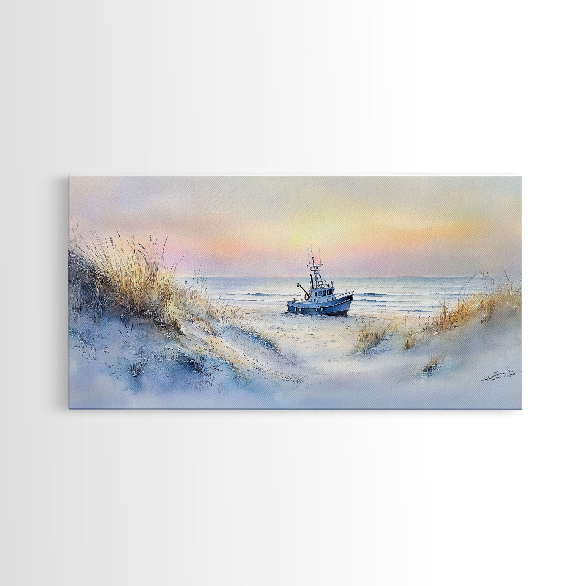 Seaside winter ship art, beach winter landscape, coastal holiday art, framed canvas print, nautical decor, Christmas wall art