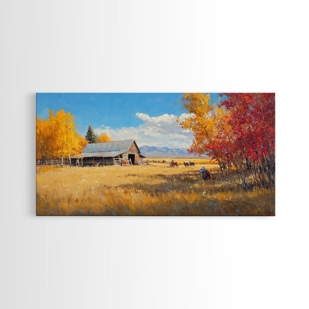 Group Of Horseback Riders In Autumn Field, Rustic Fall Scene Wall Art, Country Farmhouse Framed Canvas Print, Cozy Harvest Time Art