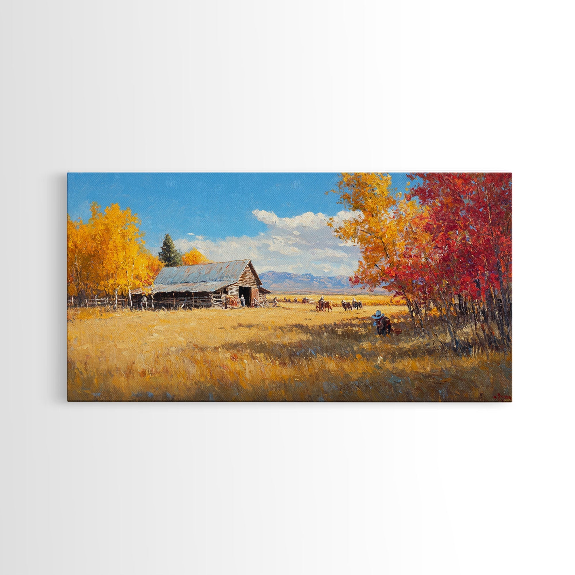 Group Of Horseback Riders In Autumn Field, Rustic Fall Scene Wall Art, Country Farmhouse Framed Canvas Print, Cozy Harvest Time Art