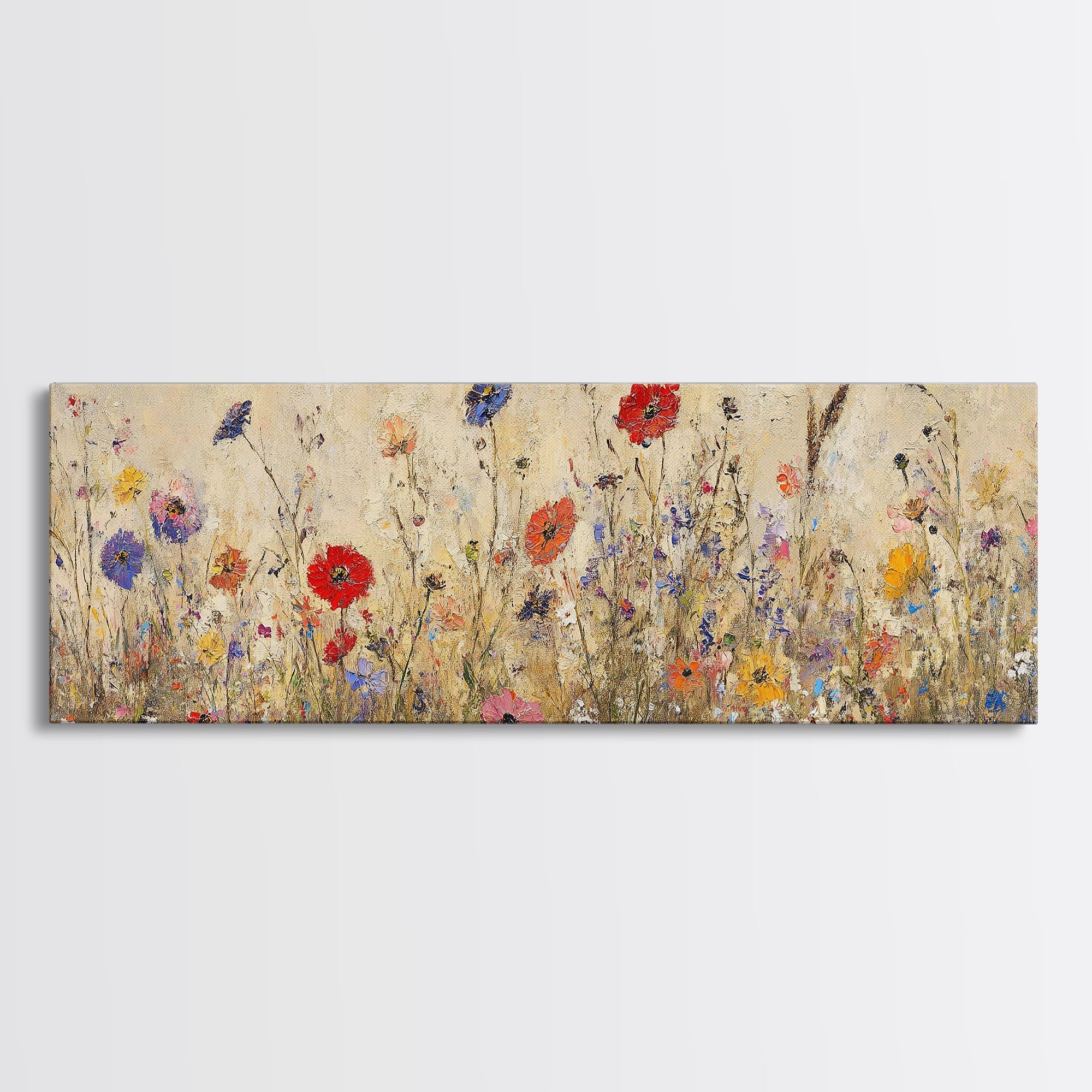 Field of Wildflowers, Spring Floral Decor, Oil Painting Canvas Print, Panoramic Art, Boho Floral Decor, Botanical Wall Art, Field of Flowers