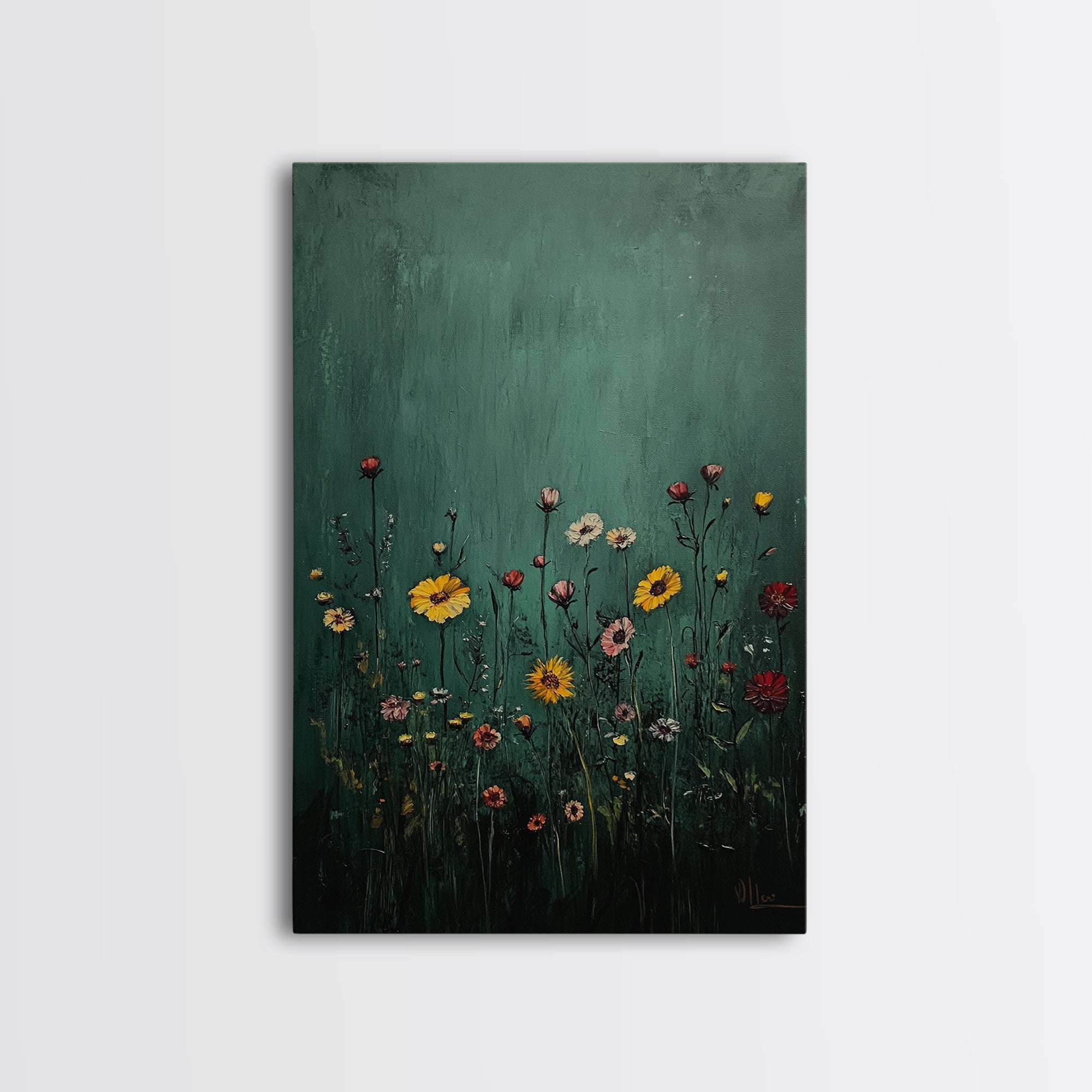 Wildflower Print, Oil Painting Flower Canvas Print Boho Botanical Wall Art, Dark and Moody Home Decor, Minimalist Bouquet