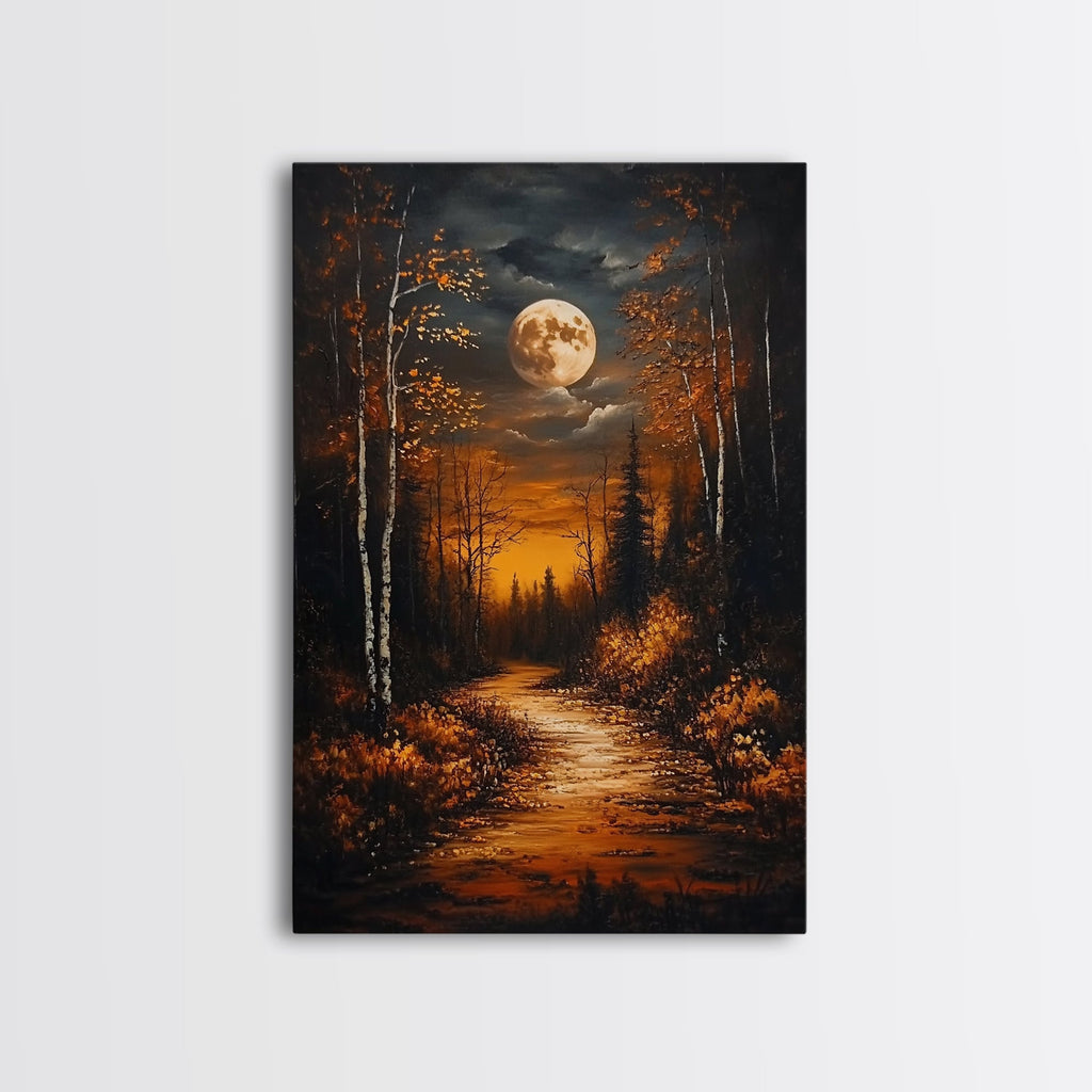 Full Moon Over The Haunted Forest, Framed Canvas Print, Wood Framed Wall Art, Dark Academia Witchy Decor, Moody Home Decor