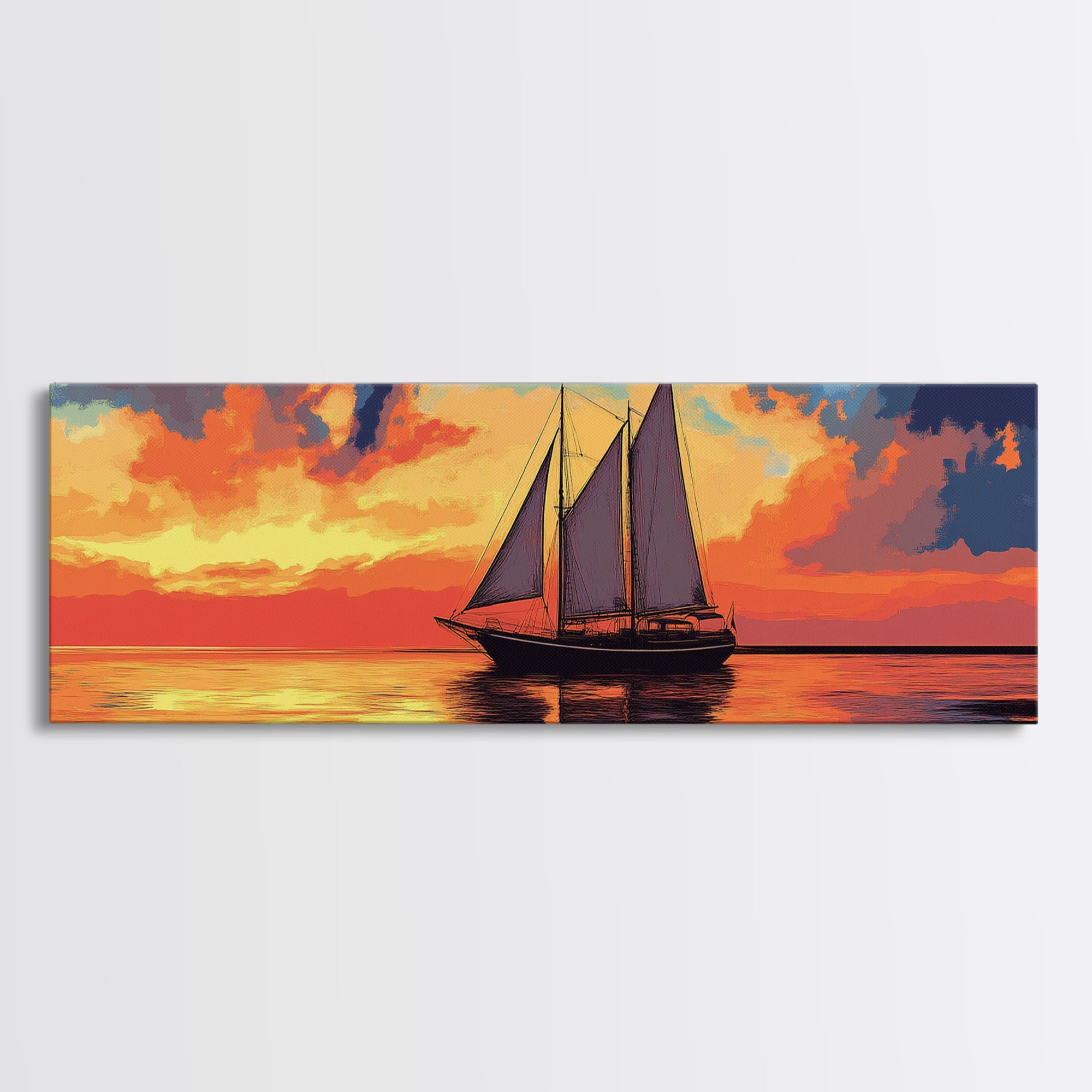 Pirate Ship at Sunset Framed Canvas Print - Panoramic Wall Art - Sailboat Painting - Sail Boat Art - Nautical Decor - Lake House Art