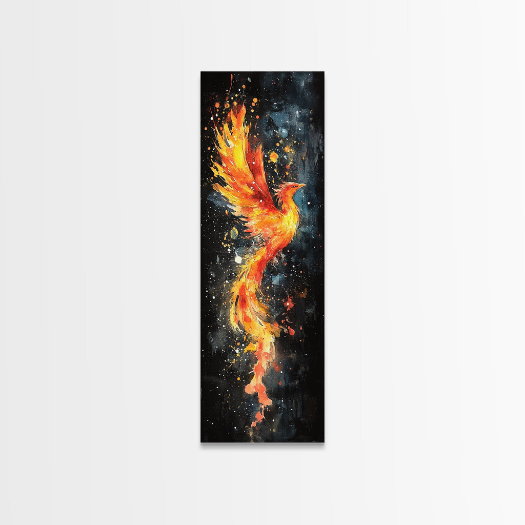 Flaming Phoenix Illustration Canvas Print, Tall Skinny Art for Bedroom Decor, Mythical Creature Wall Art with Framed Option, Space Art