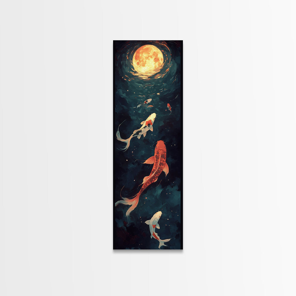 Koi Fish Under a Full Moon, Framed Canvas Print, Wabi Sabi Home Decor, Funky Boho Wall Art, Tall Skinny Art, Narrow Tall Wall Art