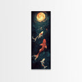Koi Fish Under a Full Moon, Framed Canvas Print, Wabi Sabi Home Decor, Funky Boho Wall Art, Tall Skinny Art, Narrow Tall Wall Art