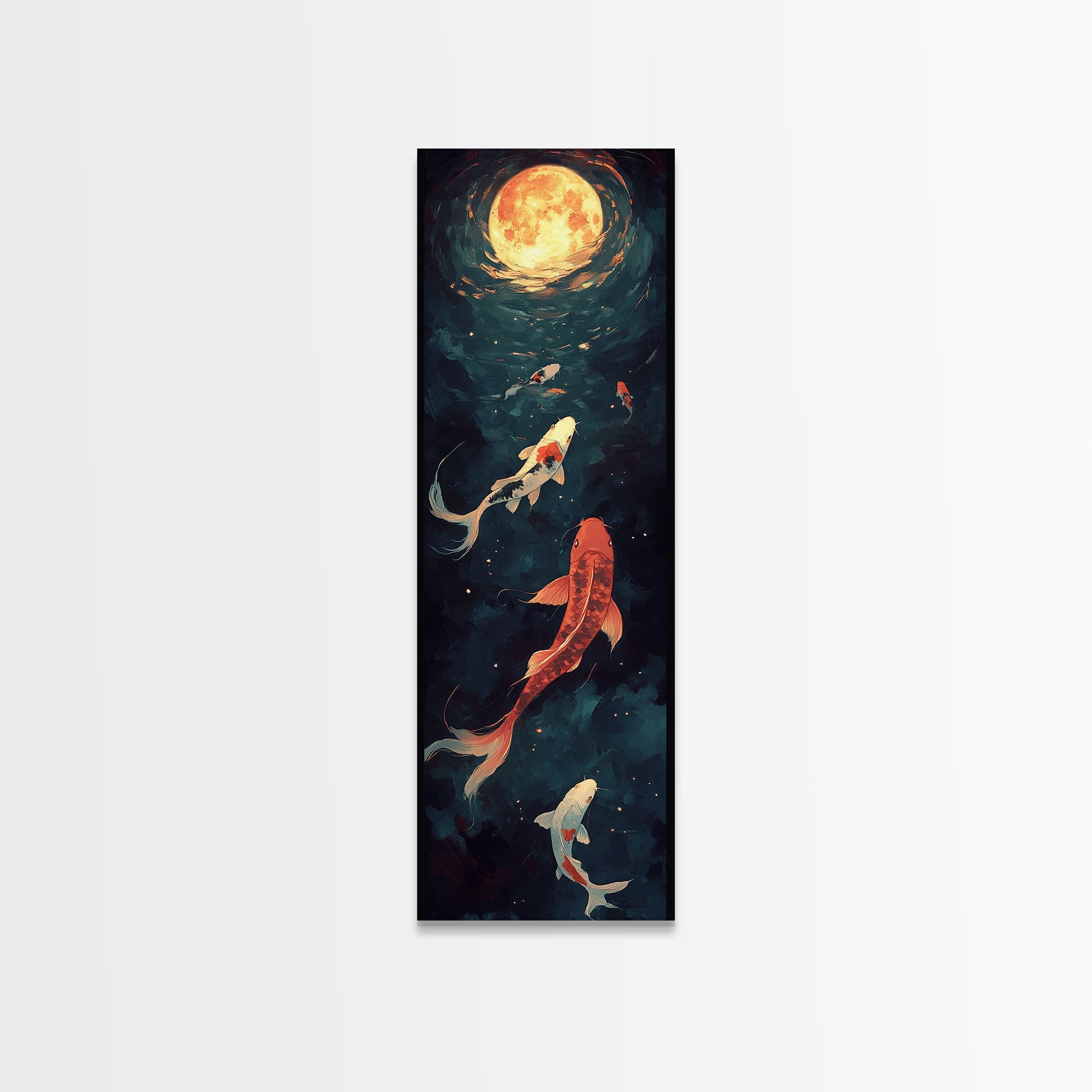 Koi Fish Under a Full Moon, Framed Canvas Print, Wabi Sabi Home Decor, Funky Boho Wall Art, Tall Skinny Art, Narrow Tall Wall Art