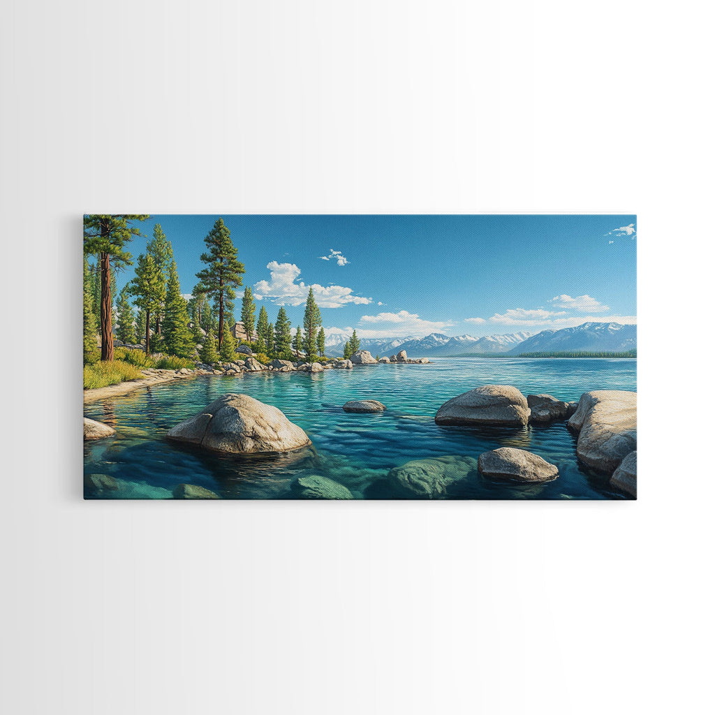Lake Tahoe Landscape Canvas Print Rustic Wall Art Coastal Nature Scene Above Bed Artwork Living Room Decor Panoramic Painting