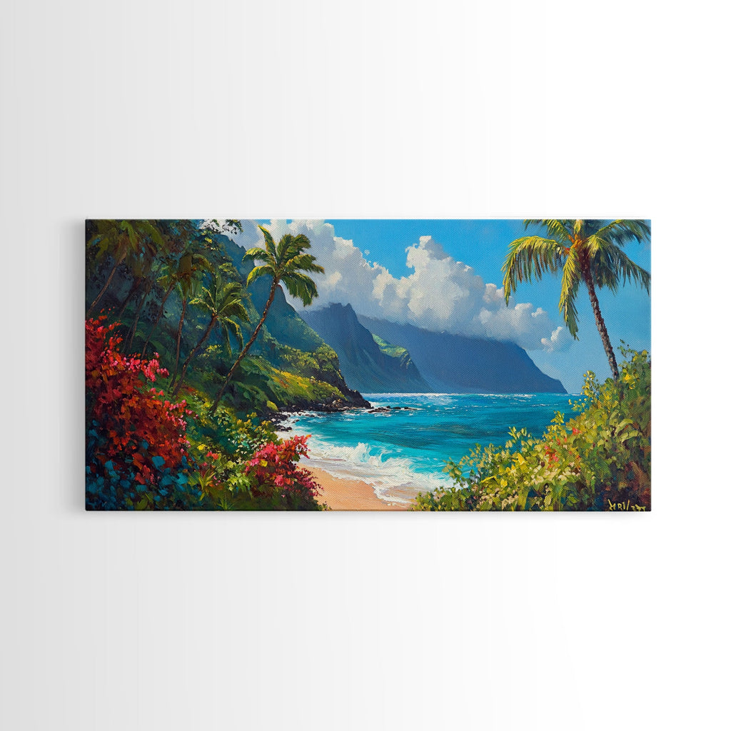 Lush Hawaiian Coast Canvas Print Coastal Painting Nautical Wall Art Panoramic Art Tropical Landscape Art Above Bed Wall Art Gift Idea