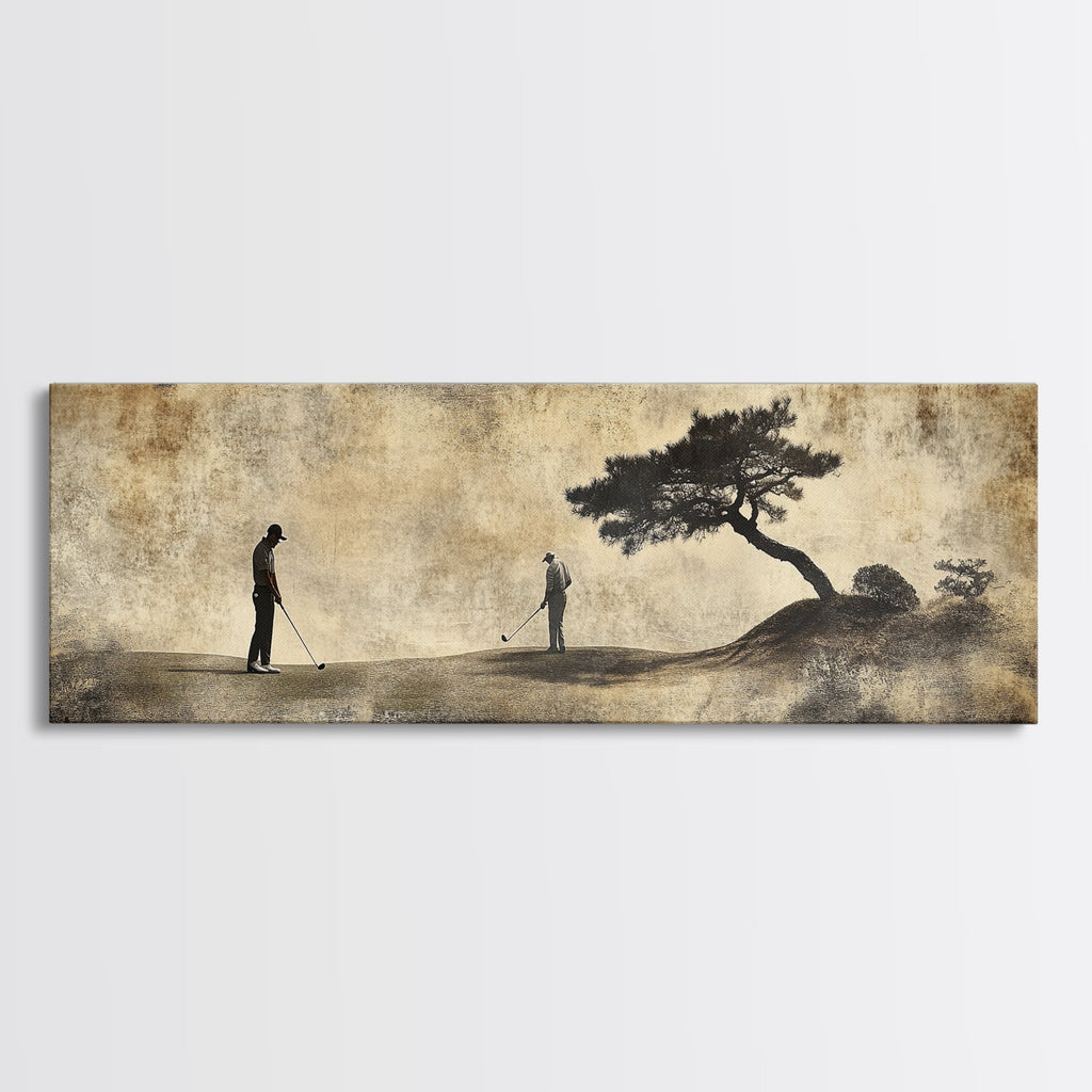Vintage Golfers Landscape Framed Canvas Print – Rustic Wall Art, Golf Art, Horizontal Wall Art, Living Room Art, Tall Narrow Art