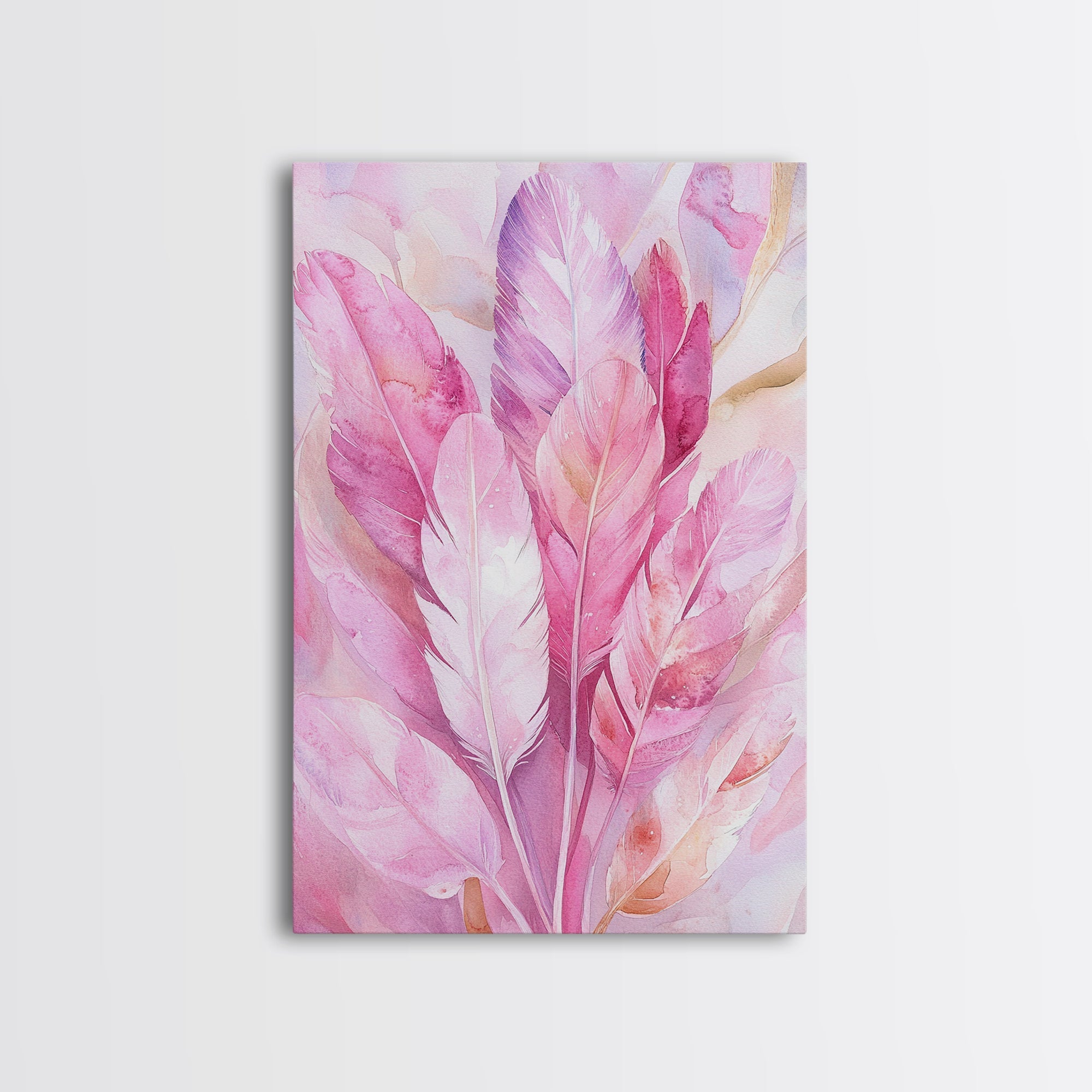 Feather Bouquet Framed Canvas Print, Light Pink Wall Art, Boho Aesthetic Minimalist Art, Bedroom or Office Decor, Romantic Nature Gift Idea