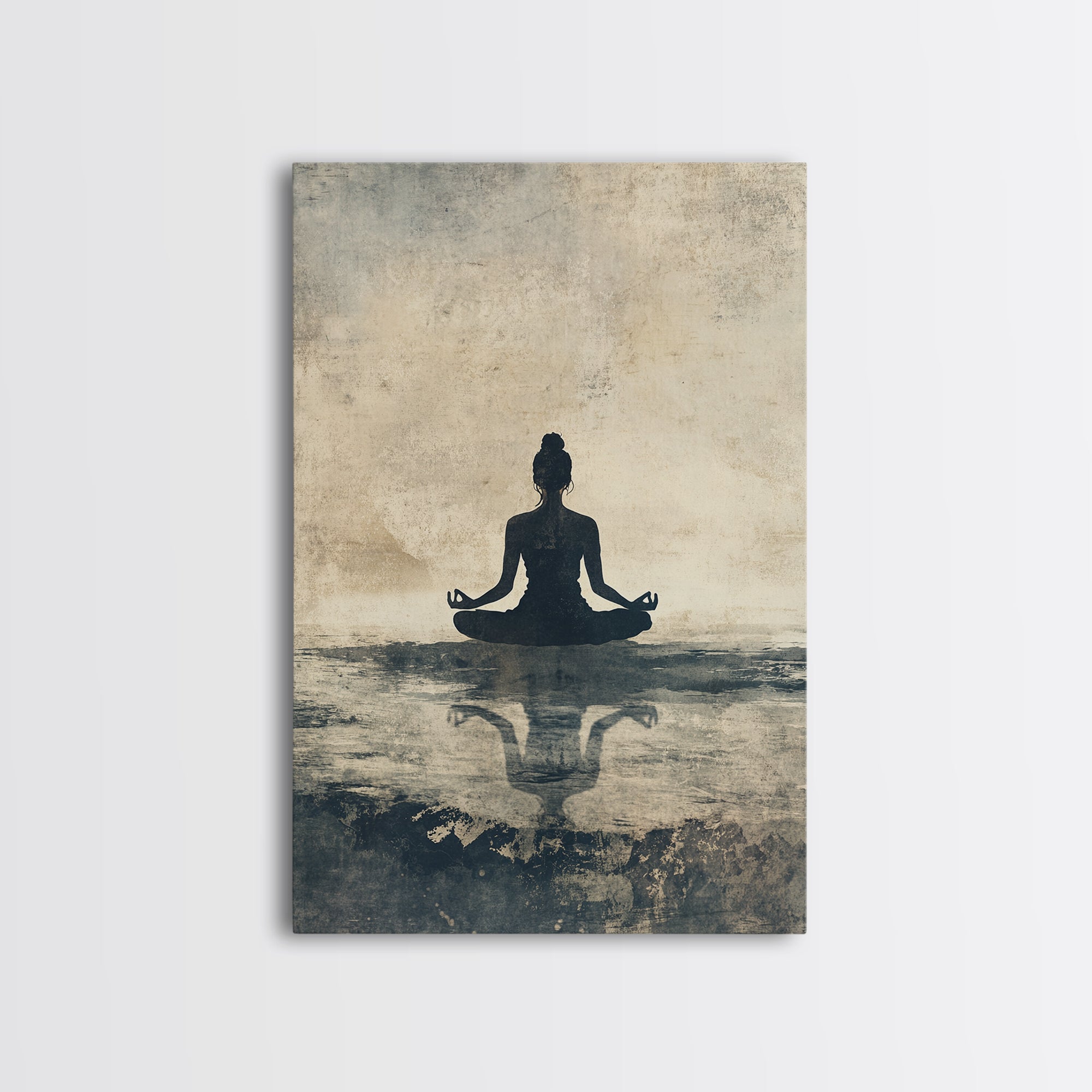 Meditative Silhouette Canvas Print with Wabi Sabi Art, Minimalist Zen Wall Art, Neutral Sage Green Decor, Yoga Art for Relaxation