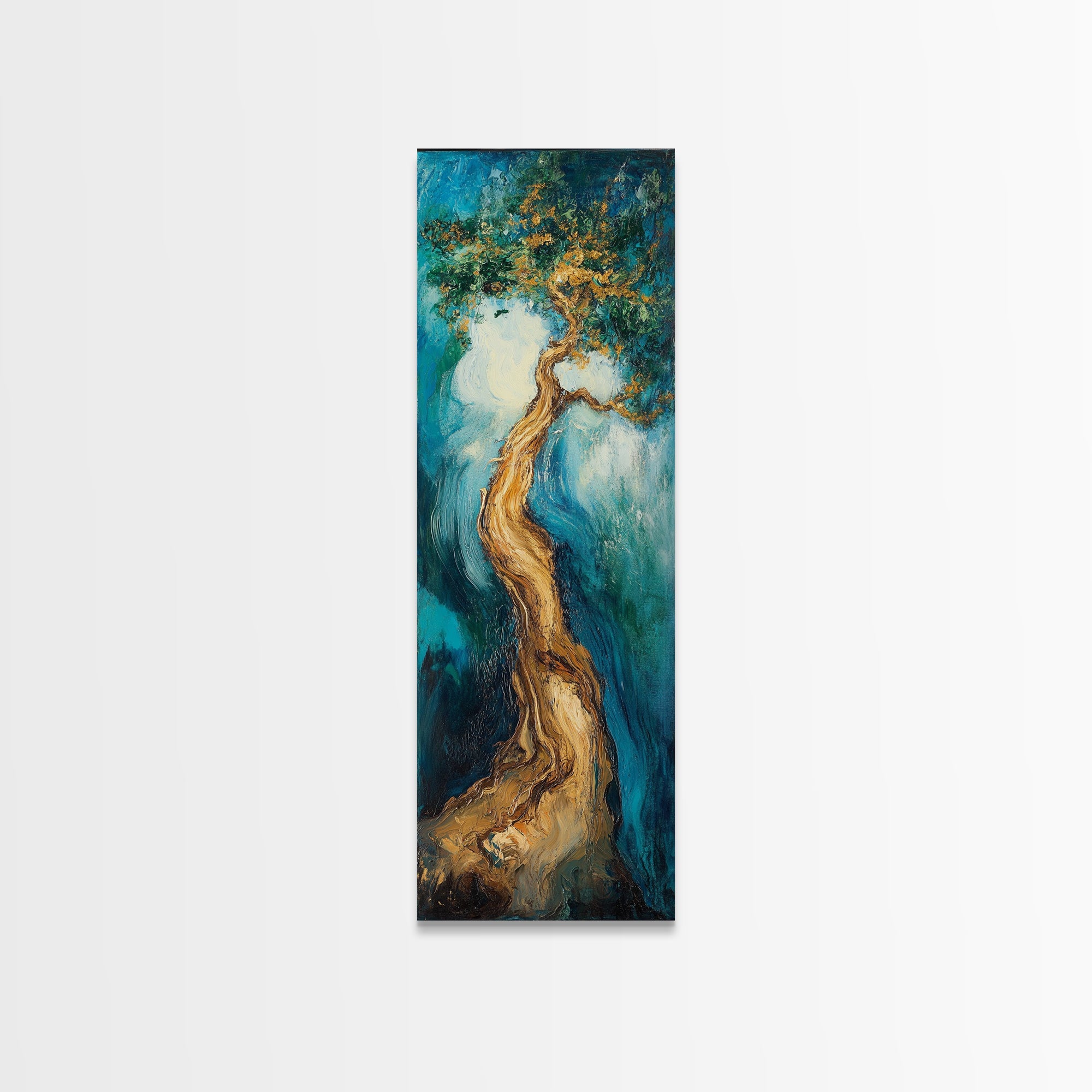 Twisting Tree, oak tree art, nature painting, forest at dusk painting, textured wall art, Framed Canvas Print, vertical wall art