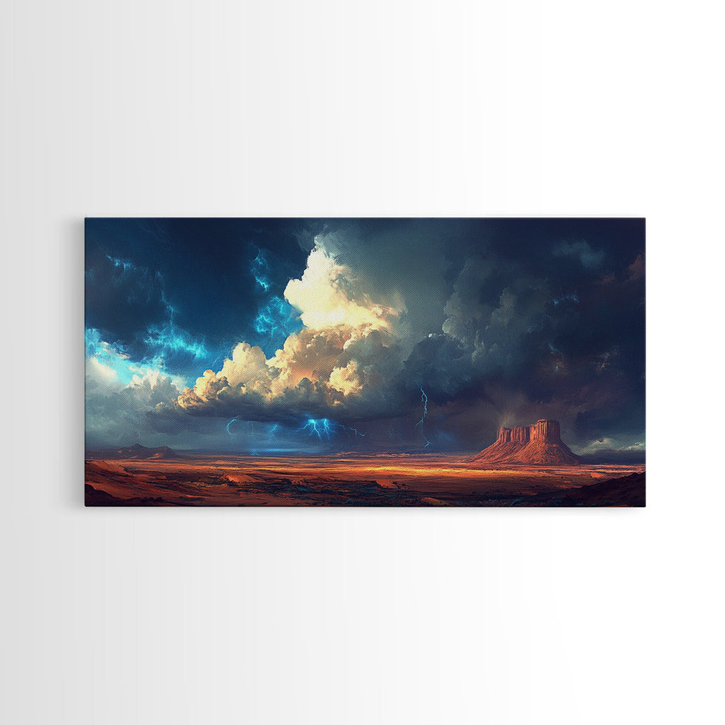 Southwest storm, desert lightning, panoramic art, framed canvas print, mountain painting, extra wide art, dramatic wall art