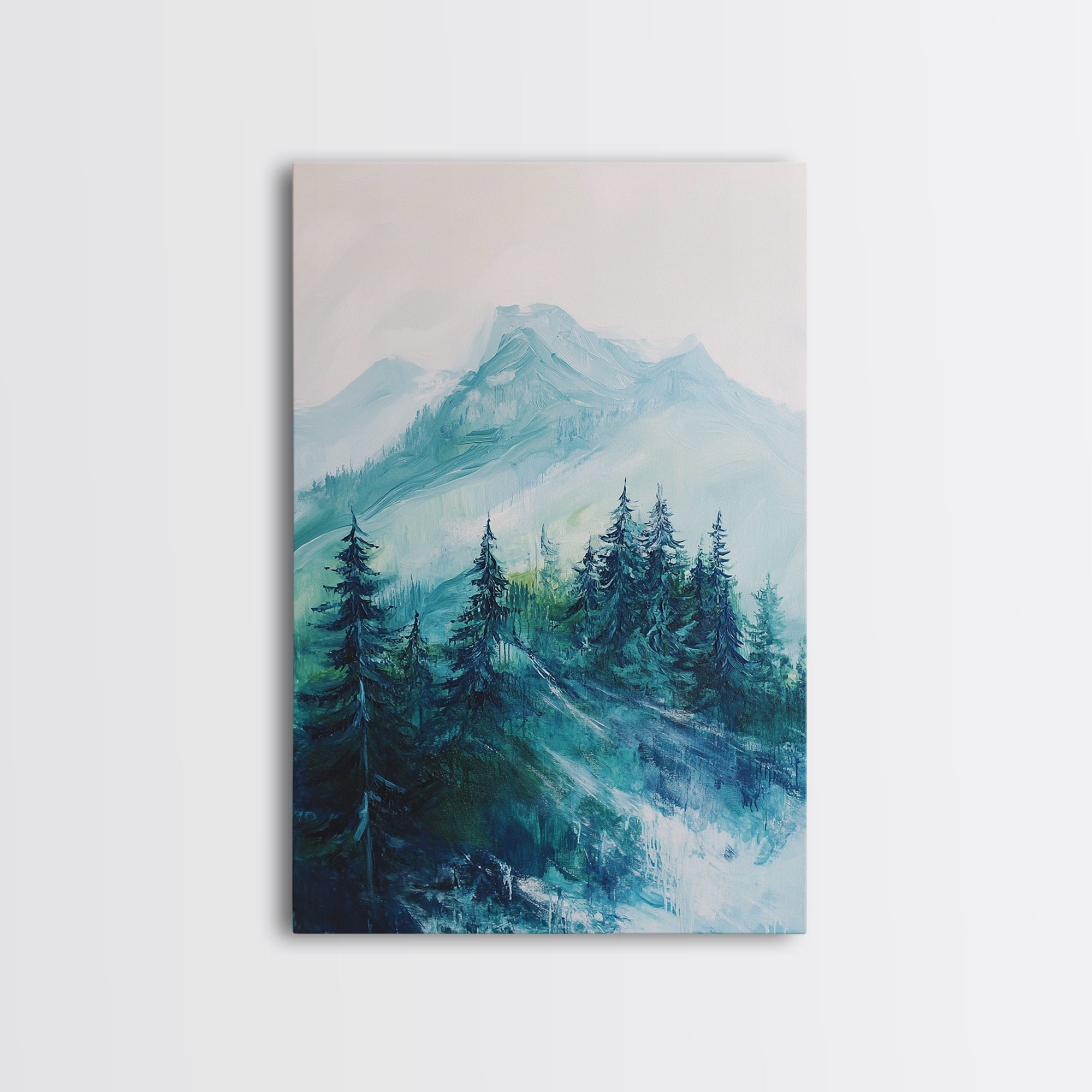 Mountain Painting, Forest Landscape Art, Nature Scene, Blue and Green Wall Art, Tranquil Scenery, Rustic Decor, Canvas Print