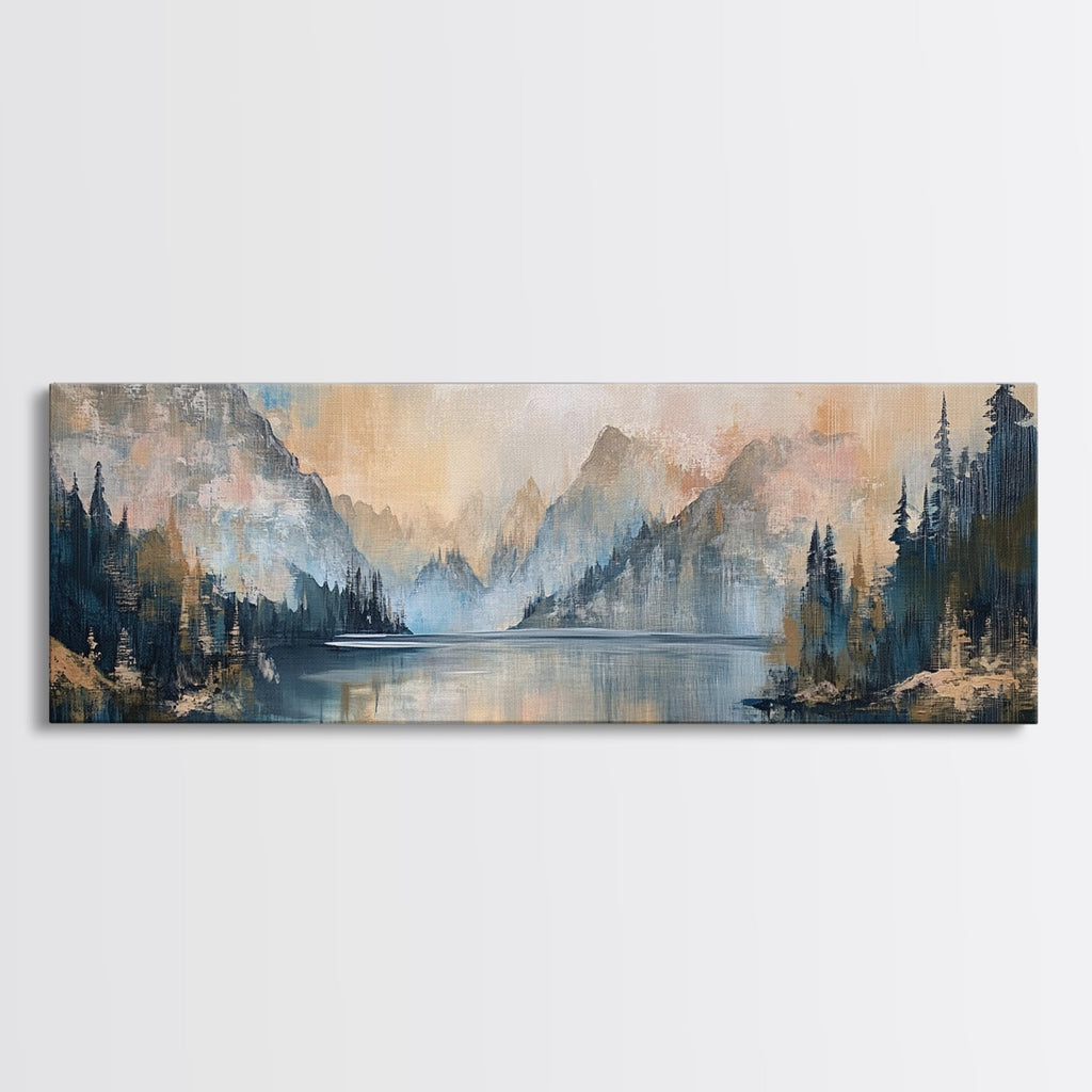 Mountain Lake Reflection Framed Canvas Print - Tranquil Nature Painting, Neutral Home Decor, Minimalist Landscape Wall Art