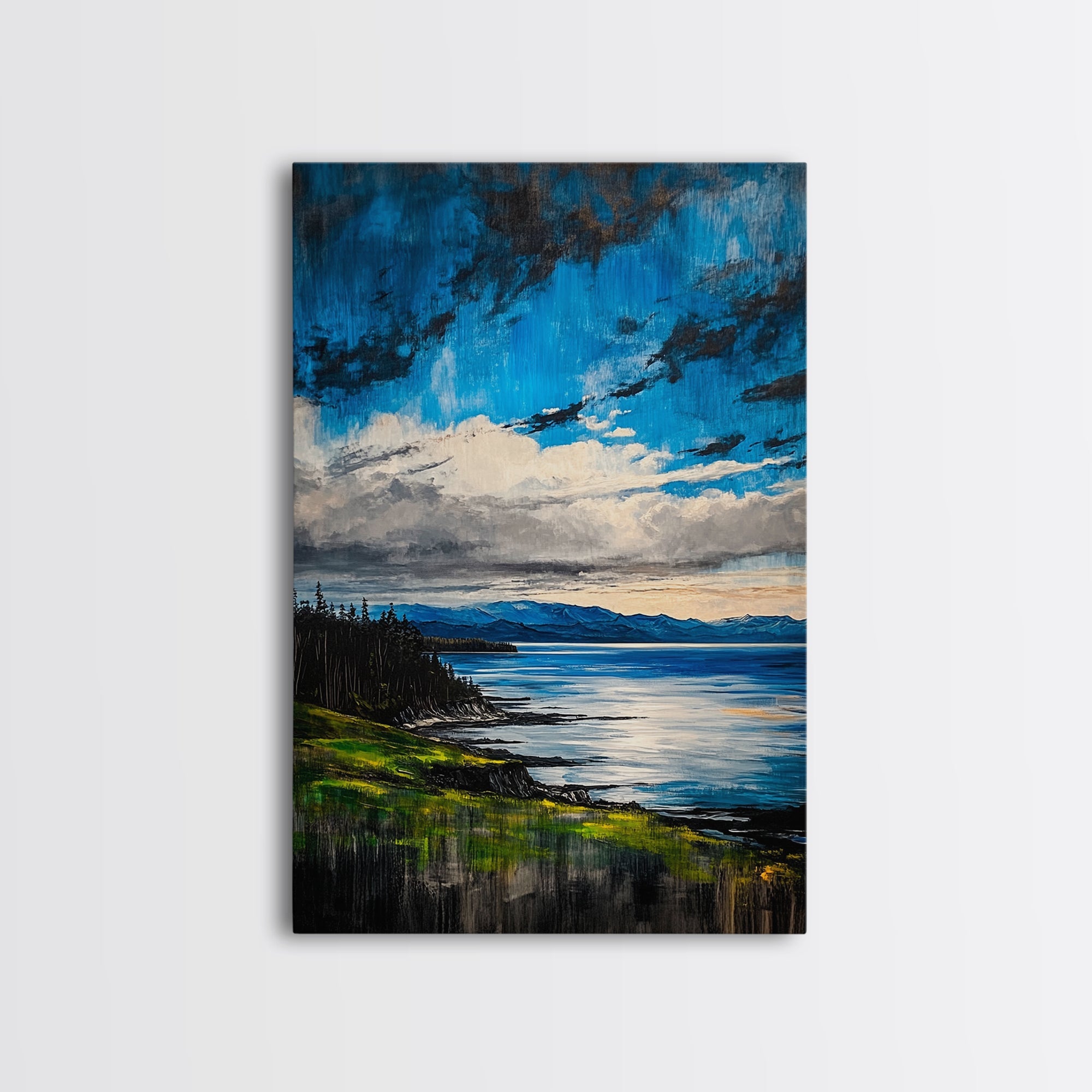 Mountain Lake Art, Nature Print, Landscape Decor, Tranquil Water View, Living Room Wall Art, Cabin Aesthetic, Framed Canvas Print