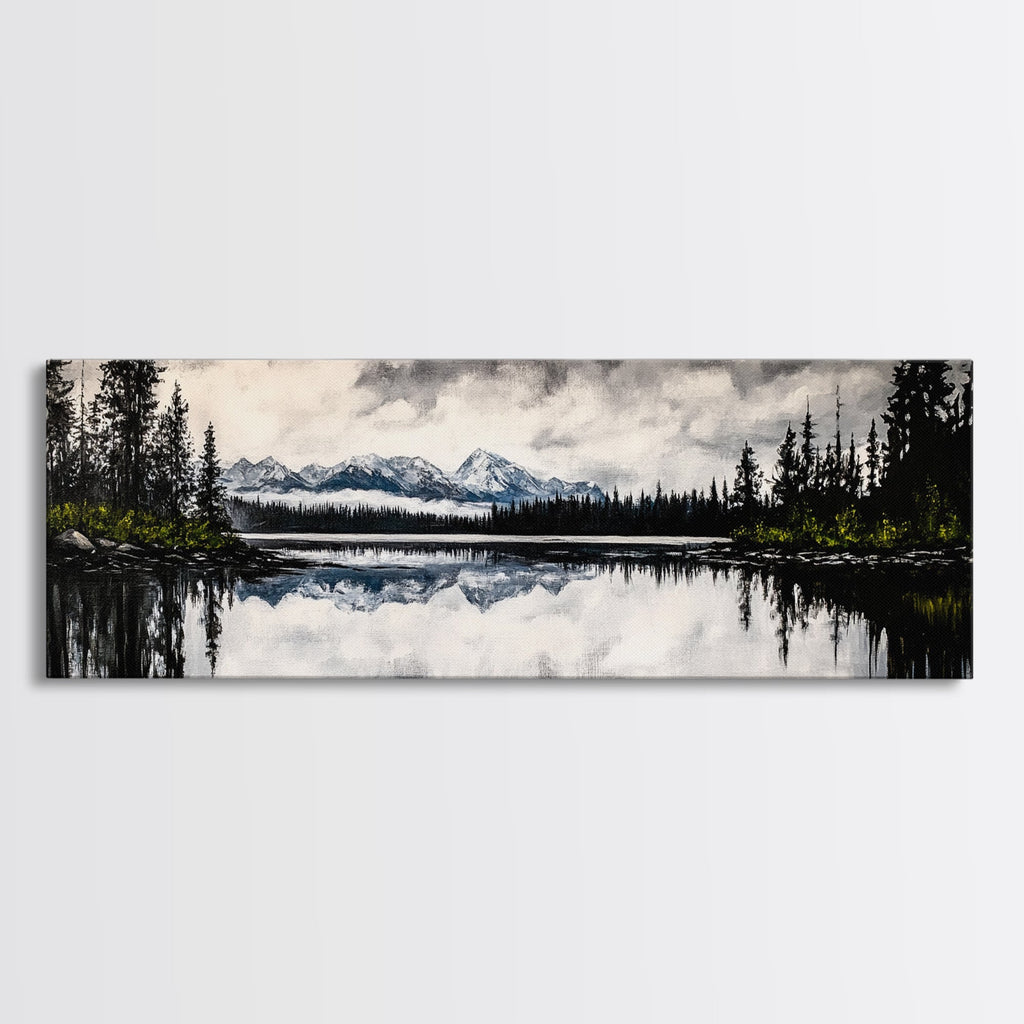 Mountain Reflection, Tranquil Lake Art, Black and White Landscape, Nature Inspired Decor, Framed Canvas Print, Cabin Wall Art, Moody Forest Scene