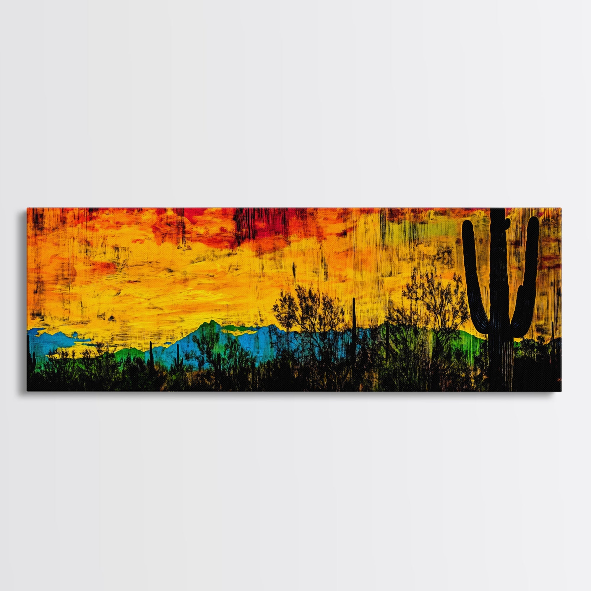 Desert Sunset, Cactus Painting, Southwest Landscape, Framed Canvas Print, Vibrant Wall Art, Arizona Art, Boho Decor, Warm Color Palette