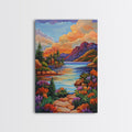 Lake Sunset, Mountains, Cabin, Framed Canvas Print, Serene mountain lake at sunset with cozy cabins, peaceful autumn living room wall art