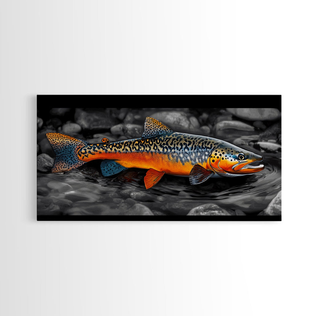 Rainbow Trout, Colorful Fish, Bold Patterns, River Stream – Framed Canvas Print, Fishing Wall Art, Cabin Decor, Rustic Wildlife