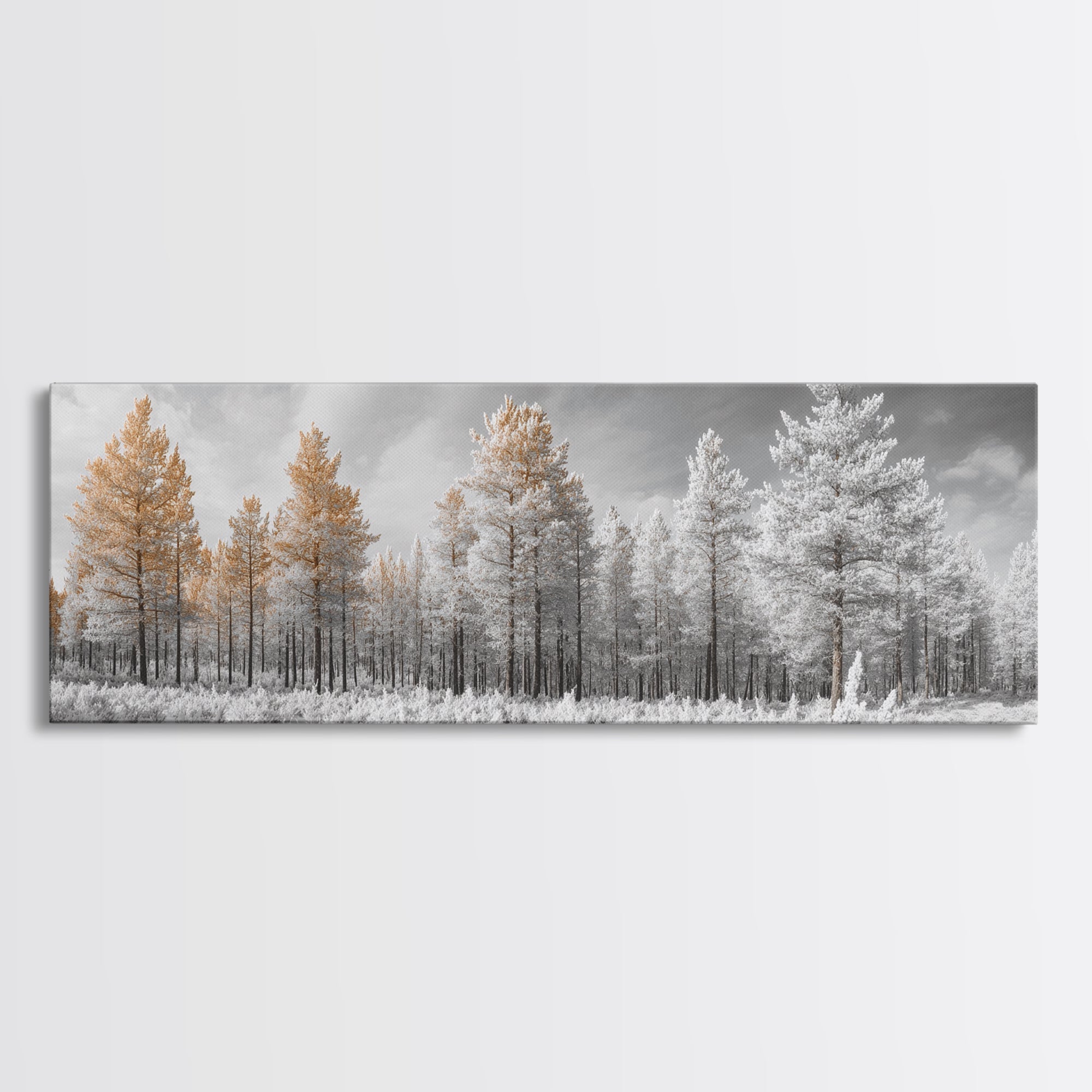 Snowy Forest Landscape, Frosted Pine Trees, Winter Wonderland Scene, Framed Canvas Print, Nordic Minimalist, Holiday Wall Art