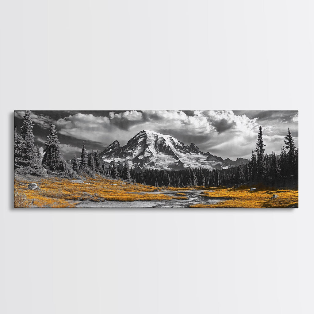 Majestic Mountain Scene, Snow Peaks and Meadows, Alpine Wilderness View, Framed Canvas Print, Cabin Wall Decor, Nature Wall Art