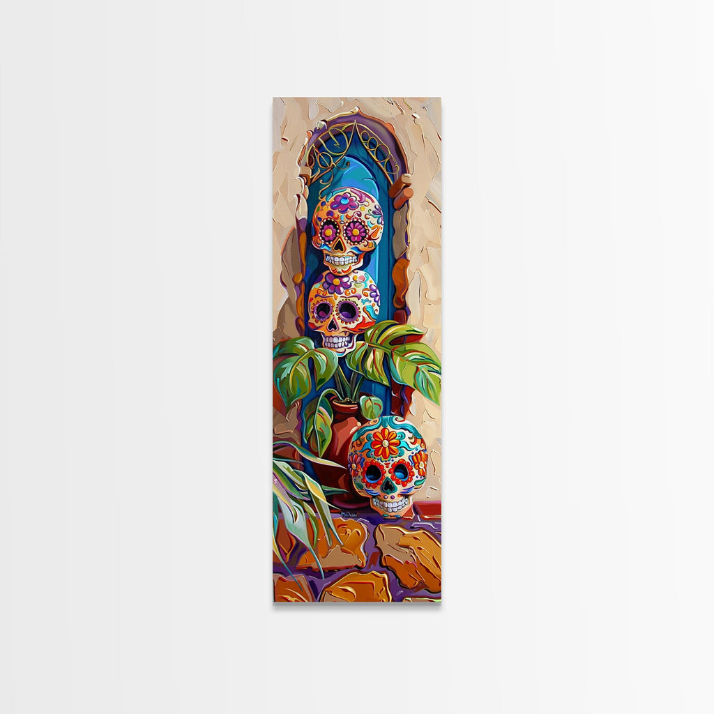 Day of The Dead Inspired Mexican Canvas Painting Framed, Long Narrow Wall Art Print, Spanish Style Home Decor, Contemporary Art Print