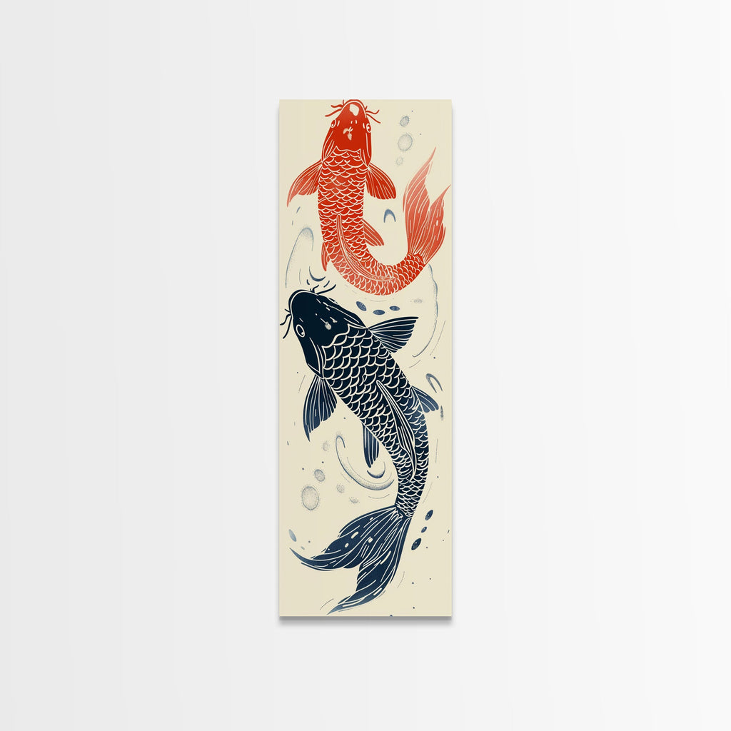 Elegant Koi Fish in Minimalist Japanese Art Style, Tall and Skinny Framed Canvas Print for Ukiyo-e Art Lovers