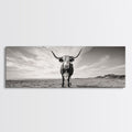 Longhorn, western landscape, bull and bear art, panoramic art, extra wide art, rustic wall art, framed canvas print, farmhouse decor, moody art