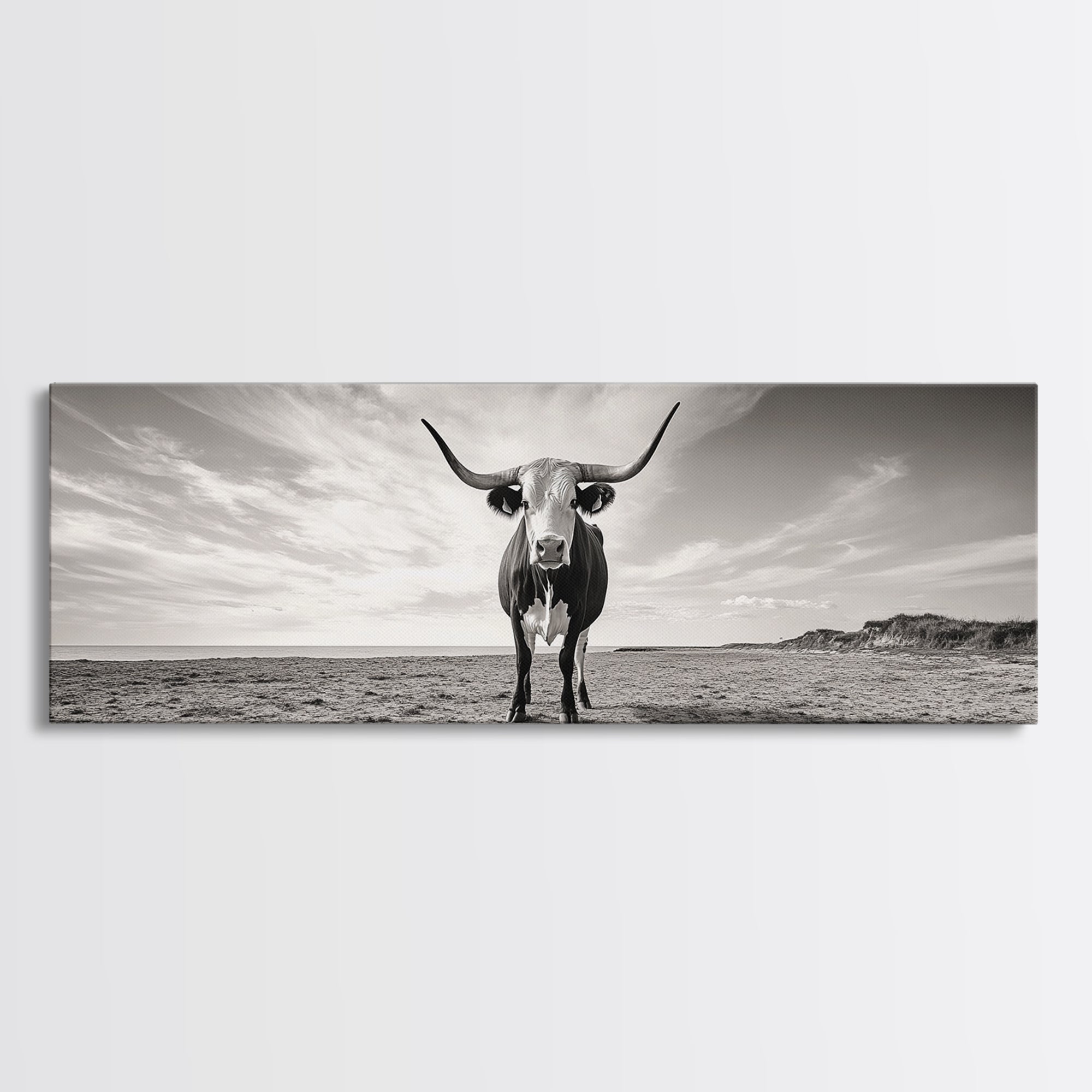 Longhorn, western landscape, bull and bear art, panoramic art, extra wide art, rustic wall art, framed canvas print, farmhouse decor, moody art