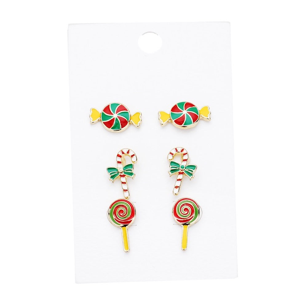 3 Pairs Christmas Enamel Peppermint Candy Cane Lollipop Holiday Charm Stud Earrings