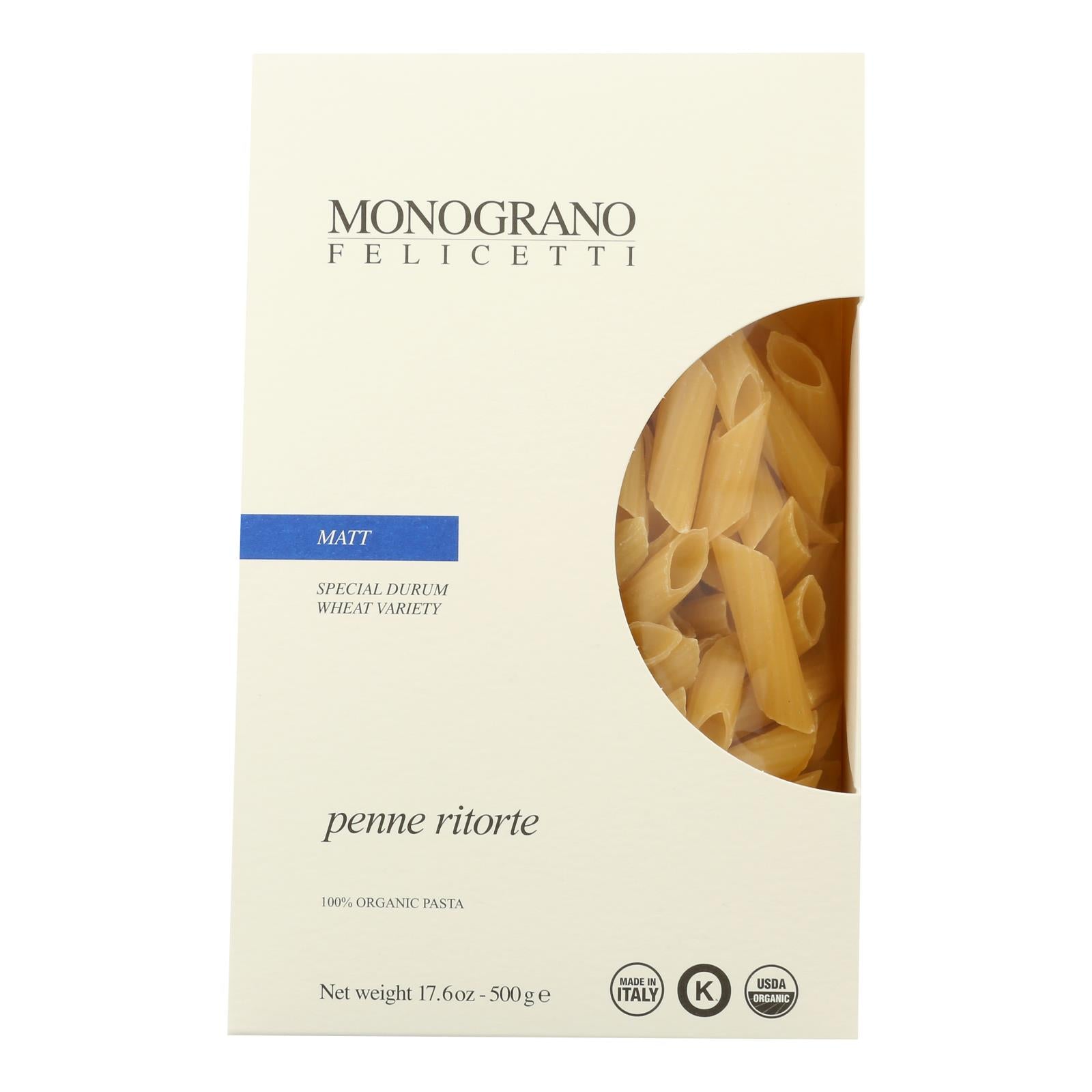 Monograno Organic Matt Penne Ritorte - Case of 8 - 17.64 Oz