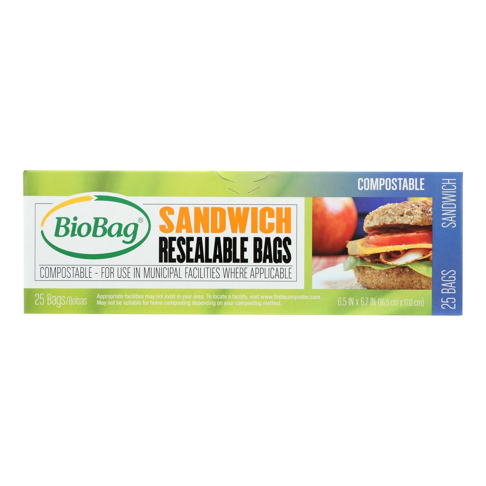 Biobag 25 Count Resealable Sandwich Bags (Pack of 12)