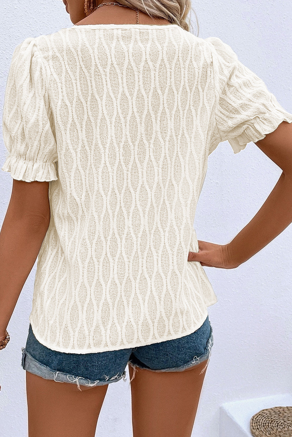 Beau Blue Solid Color Textured Notched Neck Puff Sleeve Blouse