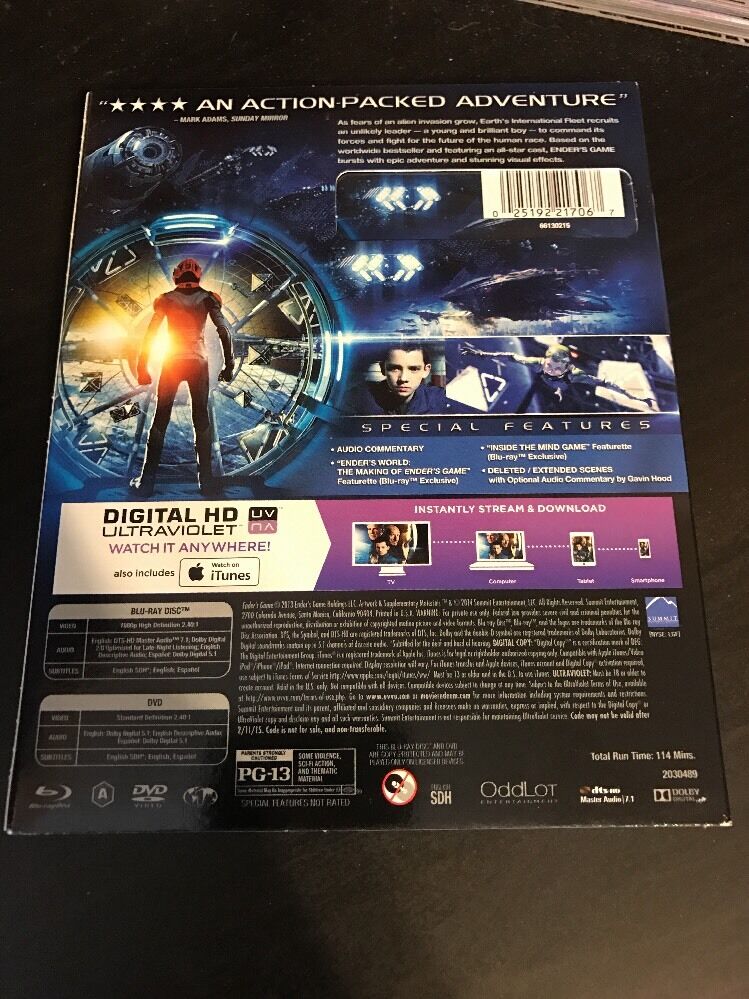 Enders Game (Blu-ray/DVD, 2014, 2-Disc Set) Harrison Ford