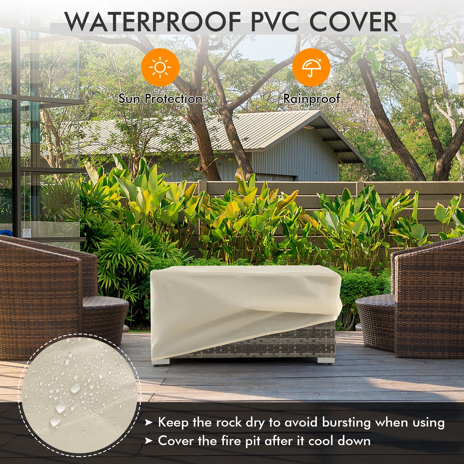 32 x 20 Inch Propane Rattan Fire Pit Table Set with Side Table Tank and Cover