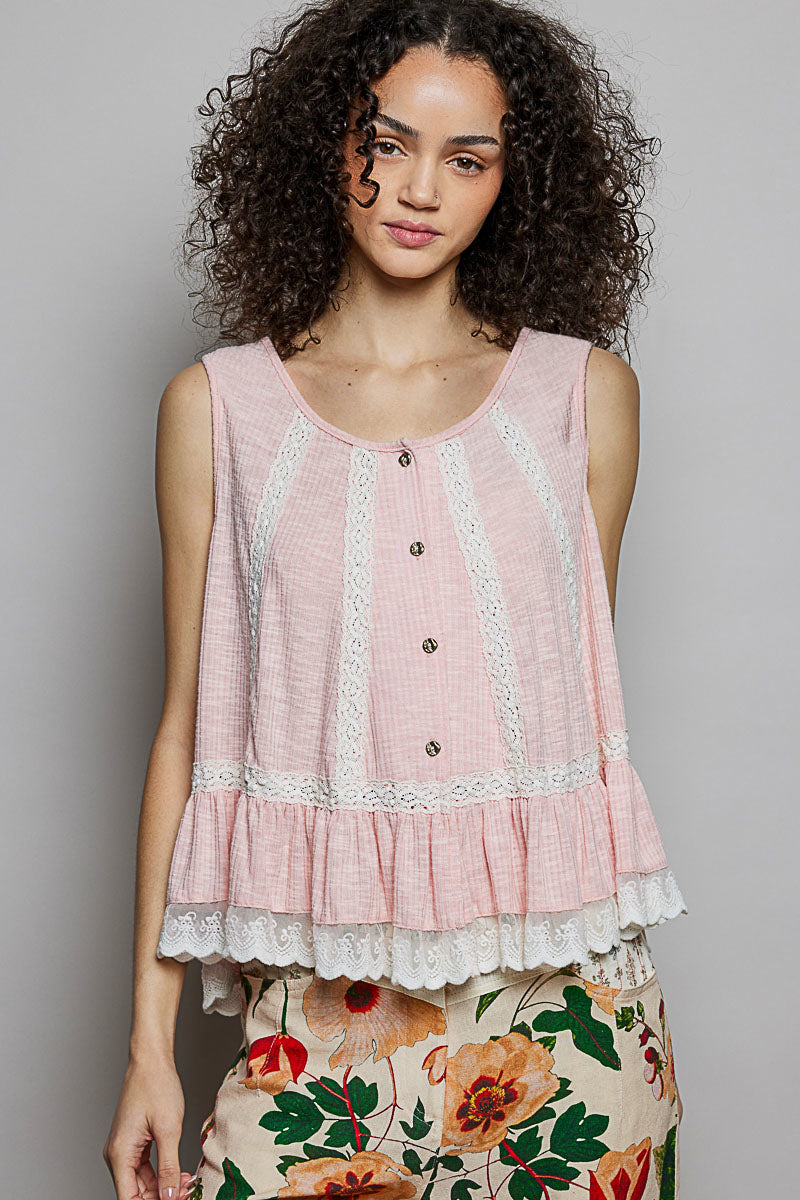 POL Lace Trim Ruffle Hem Button Detail Round Neck Sleeveless Top