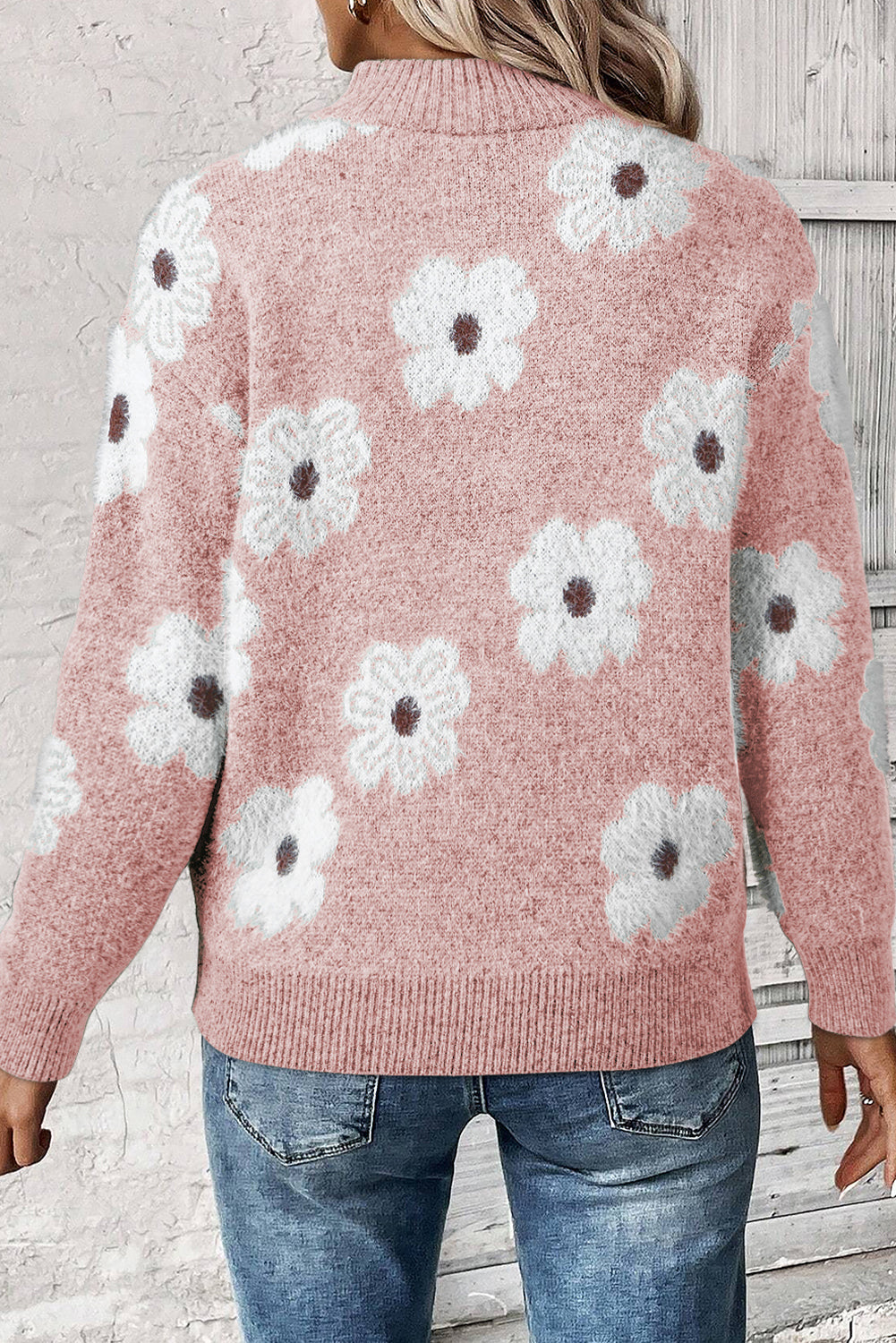Khaki Vintage 60s Floral Pattern Half Zip Collar Drop Shoulder Sweater